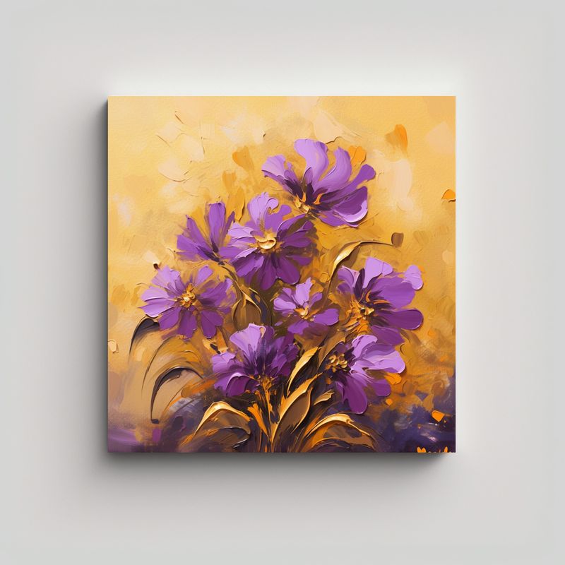 GENERICO - Pintura De Flores Moradas Y Doradas En Lienzo 80x80 Cm