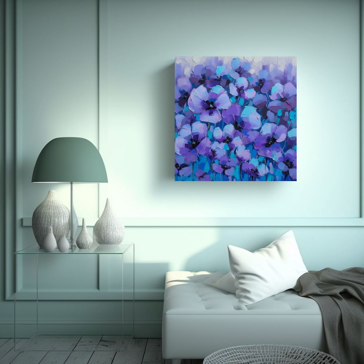 GENERICO - Pintura En Lienzo De Flores Púrpuras Y Cian En 50x50 Cm