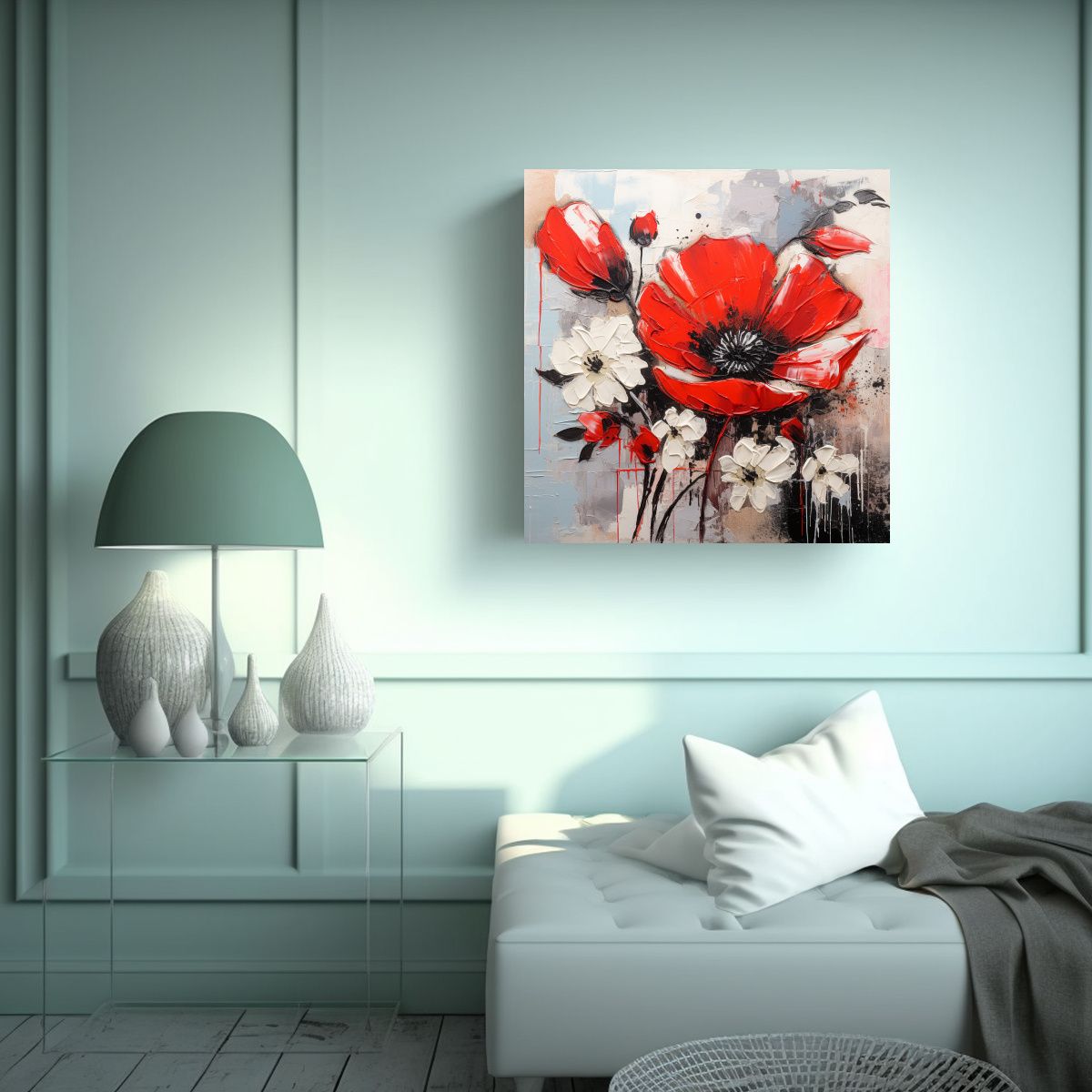 GENERICO - Pintura En Lienzo De Flores En Colores Rojo Y 60x60 Cm