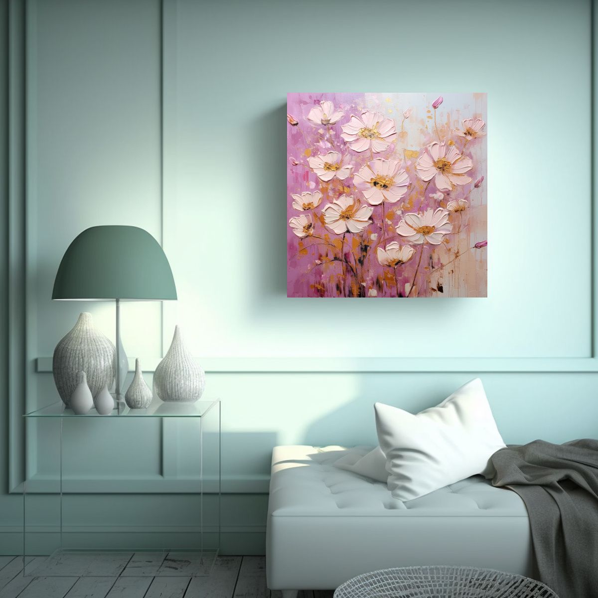 GENERICO - Cuadro De Cuadro De Figuras En Colores Oro Y Rosa 50x50 Cm