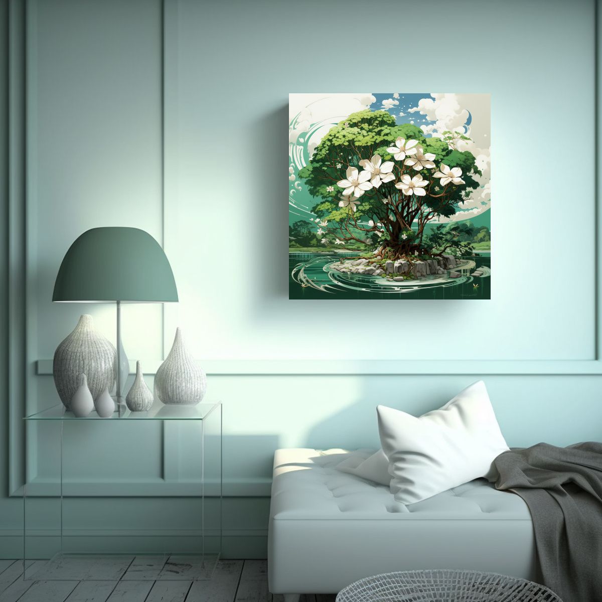 GENERICO - Cuadro Vanguardia Perspectiva En Verde Y Blanco 90x90 Cm