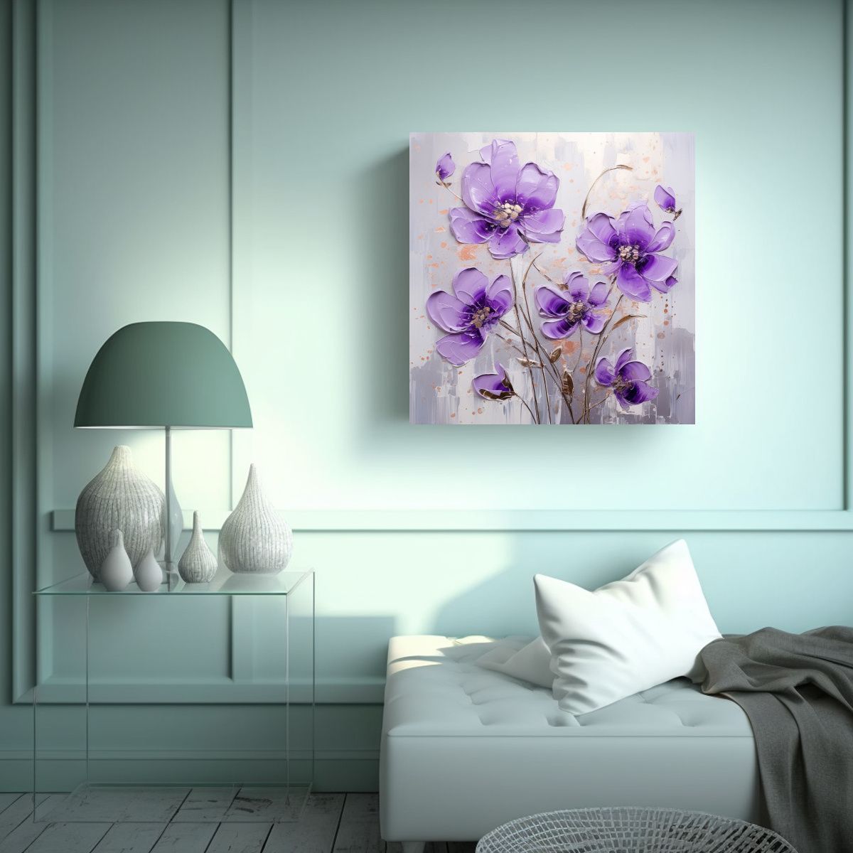 GENERICO - Cuadro Vintage Textura Púrpura Y Plata Flores En 60x60 Cm