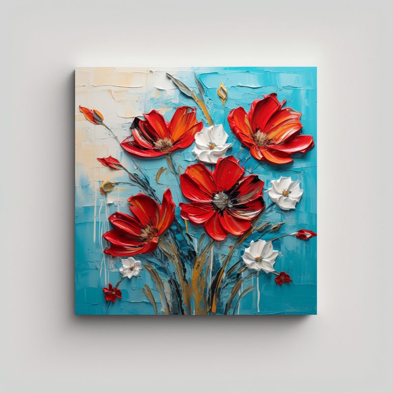 GENERICO - Pintura Lienzo Flores Lineales En Rojo Y Turquesa 50x50 Cm
