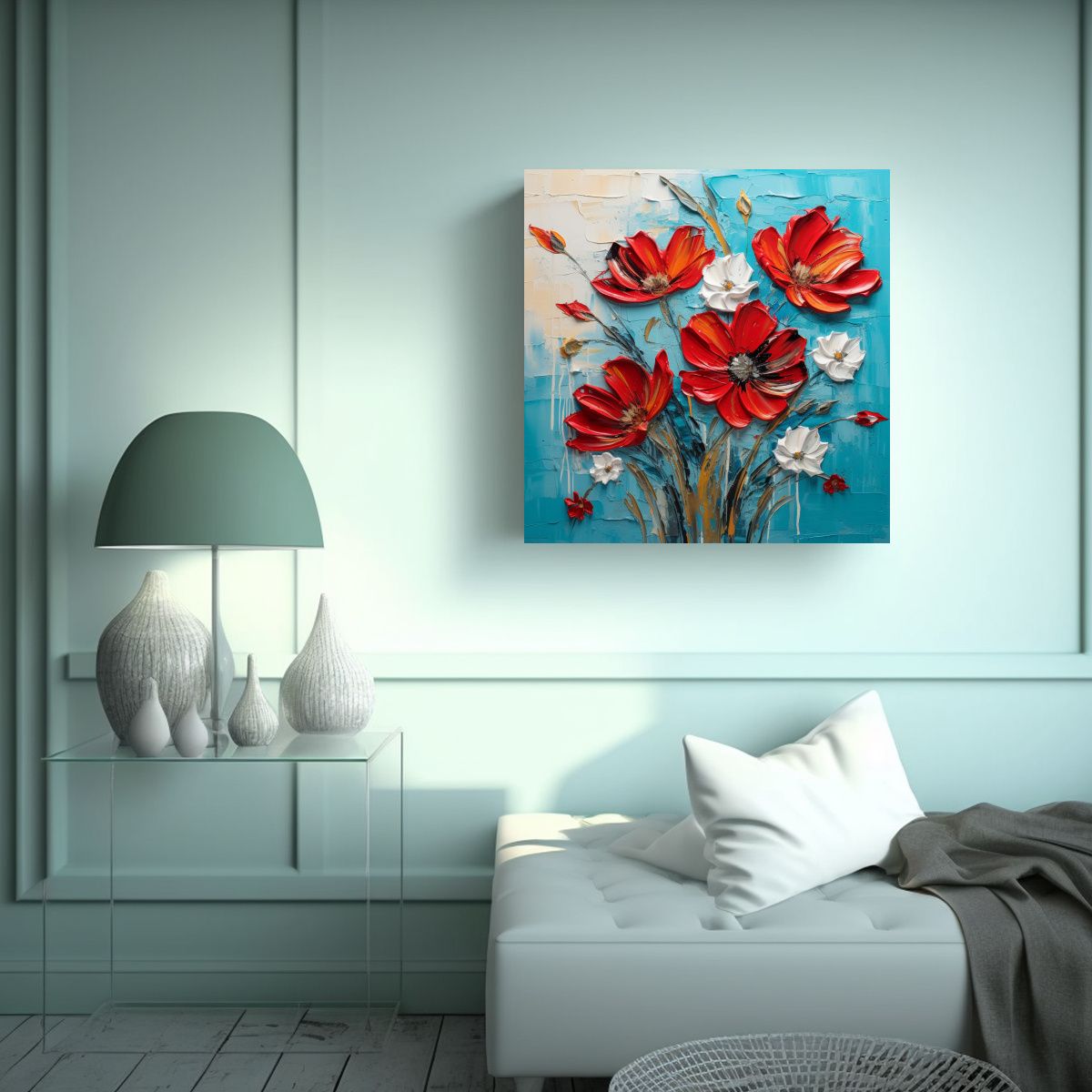GENERICO - Pintura Lienzo Flores Lineales En Rojo Y Turquesa 50x50 Cm