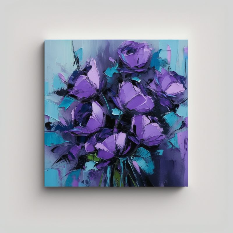 GENERICO - Pintura En Lienzo De Flores Púrpuras Y Turquesas 50x50 Cm