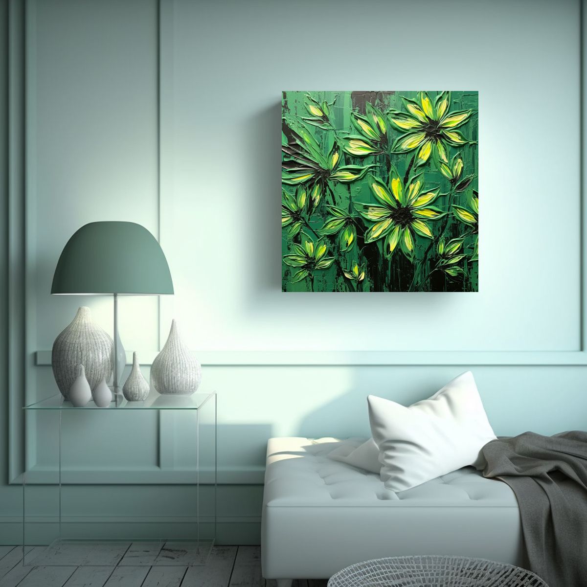 GENERICO - Pintura De Flores En Lienzo En Tonos Verde Y 80x80 Cm