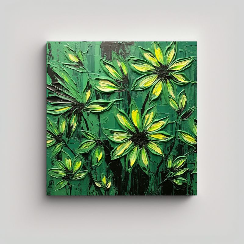 GENERICO - Pintura De Flores En Lienzo En Tonos Verde Y 70x70 Cm