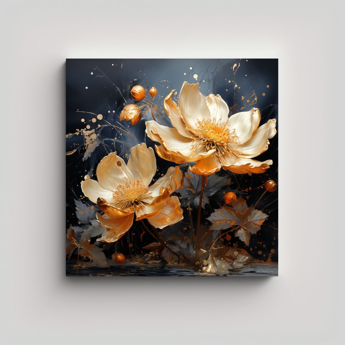 GENERICO - Pintura Alegre De Flores En Oro Y Negro Para 90x90 Cm