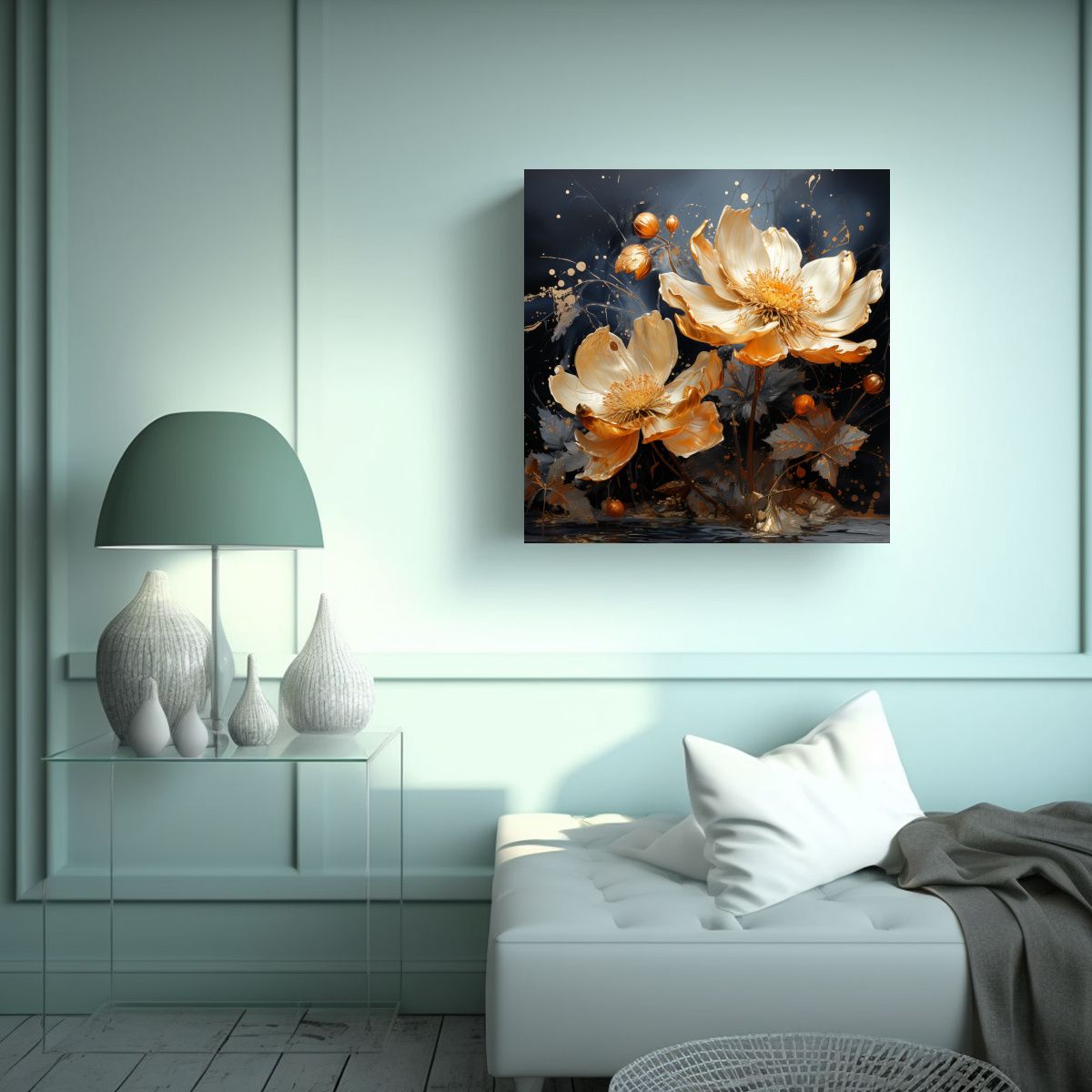 GENERICO - Pintura Alegre De Flores En Oro Y Negro Para 90x90 Cm