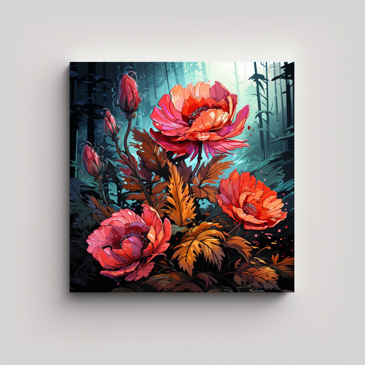 GENERICO - Cuadro Decorativo Con Hojas De Helecho En Rojo 80x80 Cm