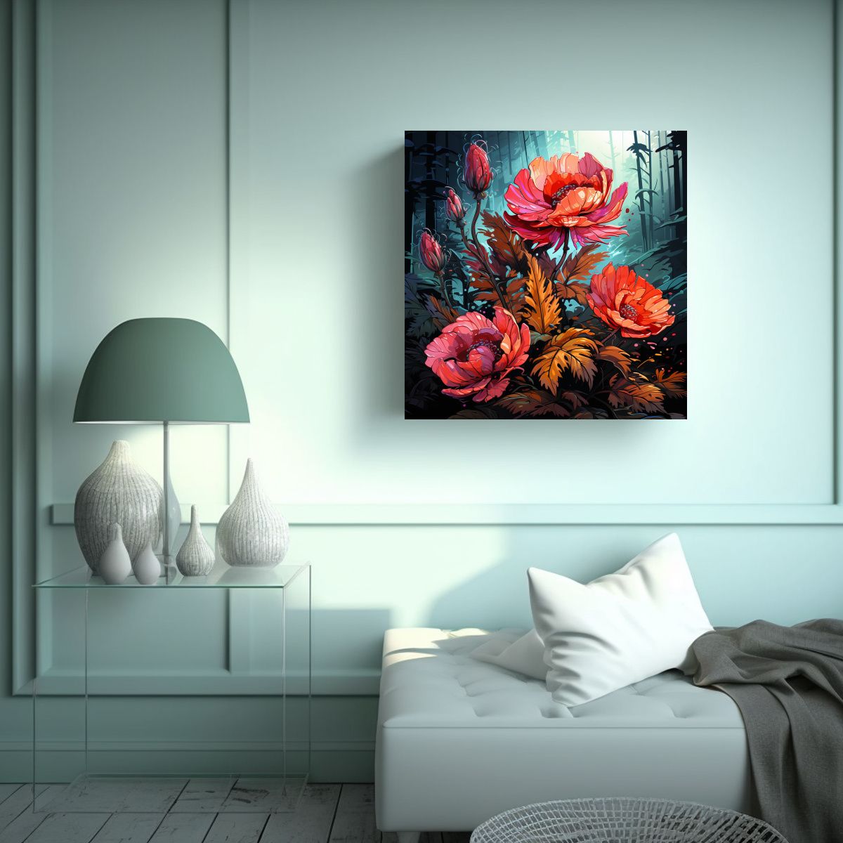 GENERICO - Cuadro Decorativo Con Hojas De Helecho En Rojo 80x80 Cm