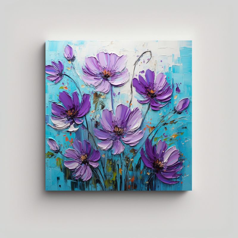 GENERICO - Cuadro De Salón Con Flores Púrpuras Y Turquesas 60x60 Cm