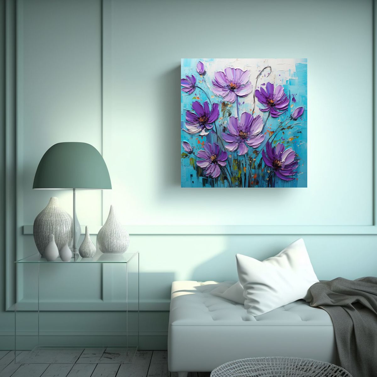 GENERICO - Cuadro De Salón Con Flores Púrpuras Y Turquesas 60x60 Cm