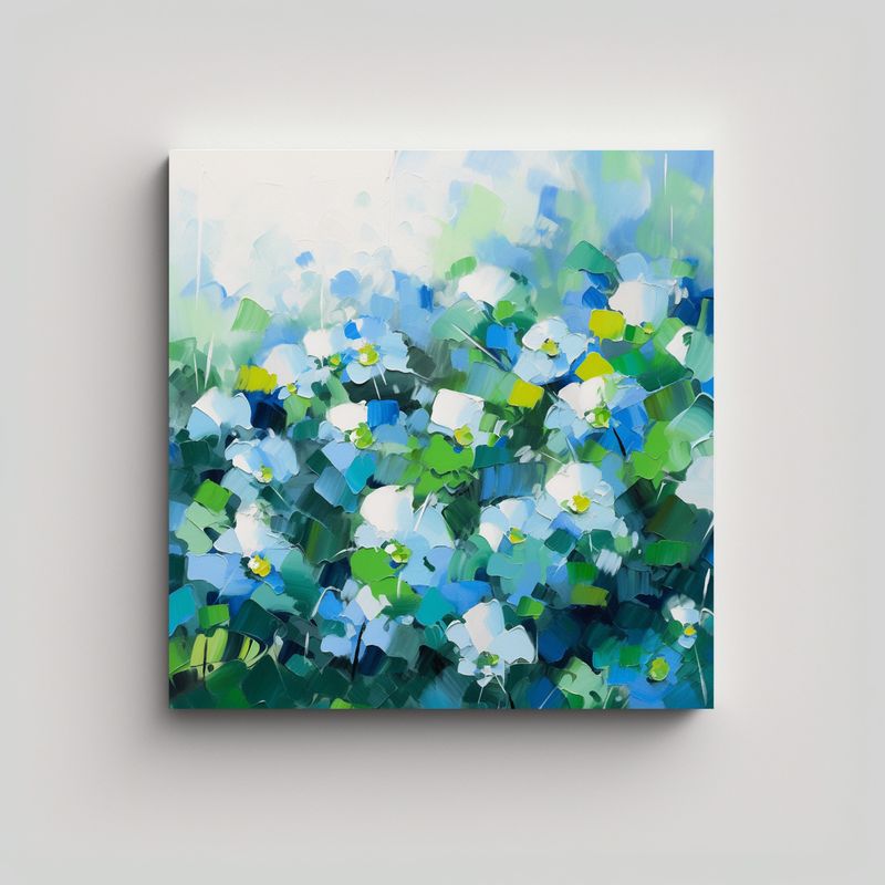 GENERICO - Pintura De Flores En Tonos Verdes Y Azules Estilo 50x50 Cm