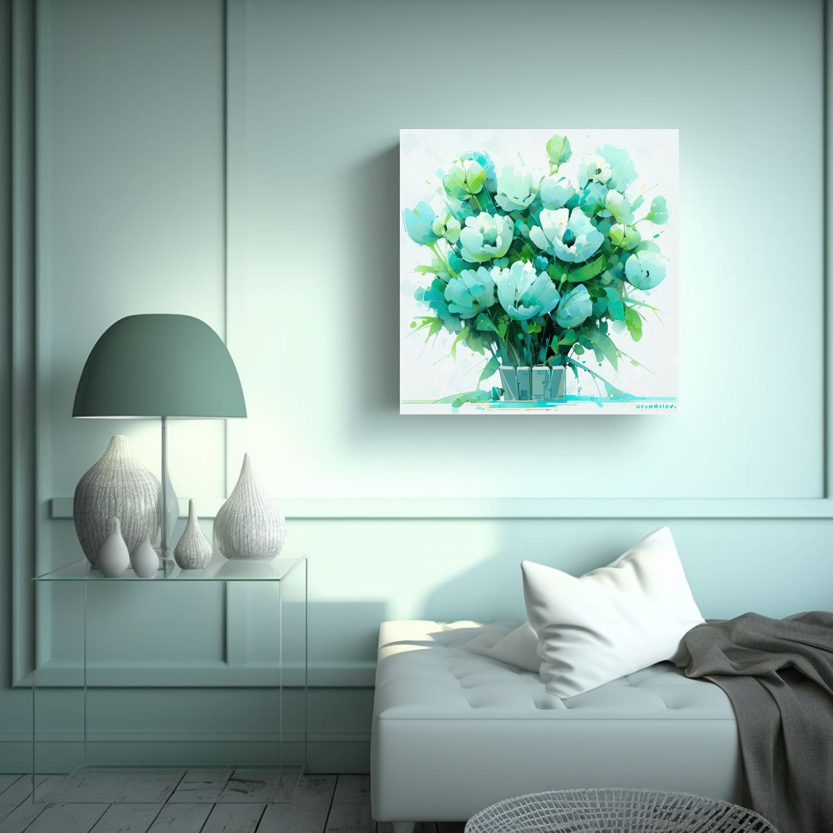 GENERICO - Cuadro Perspectiva De Líneas Finas Verde Y Cian 70x70 Cm