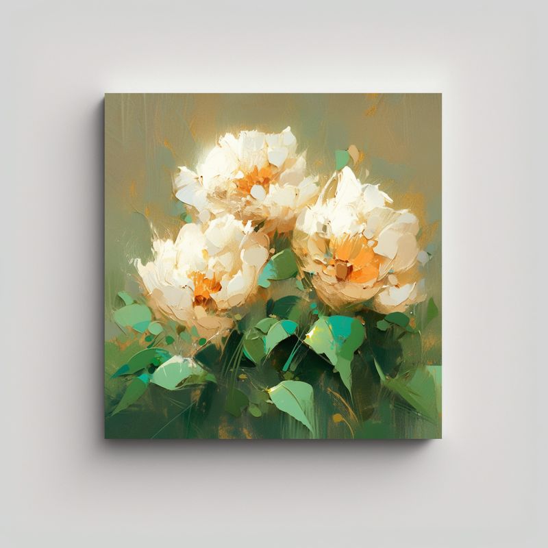 GENERICO - Cuadro De Flores Verde Y Dorado En Lienzo 50x50 Cm