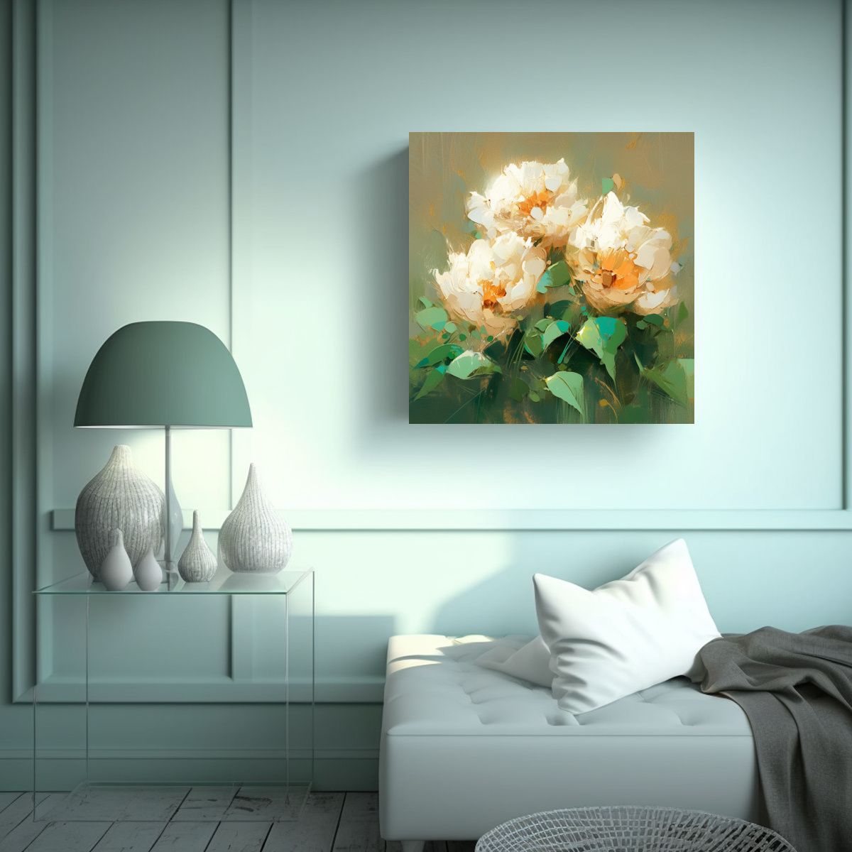GENERICO - Cuadro De Flores Verde Y Dorado En Lienzo 50x50 Cm