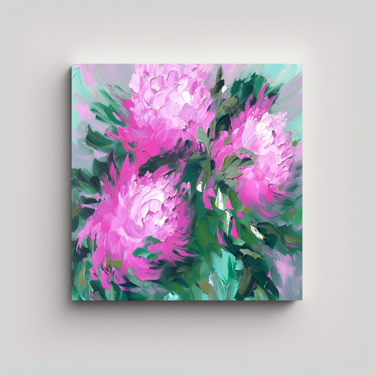 GENERICO - Cuadro Moderno Único Flores En Verde Y Magenta 60x60 Cm