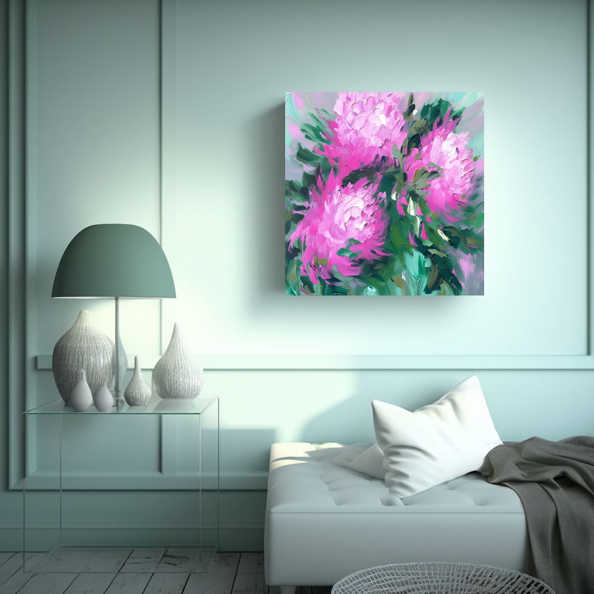 GENERICO - Cuadro Moderno Único Flores En Verde Y Magenta 60x60 Cm