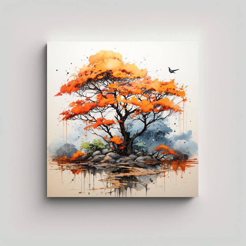 GENERICO - Cuadro Abstracto De árbol De Acacia Naranja Y 90x90 Cm