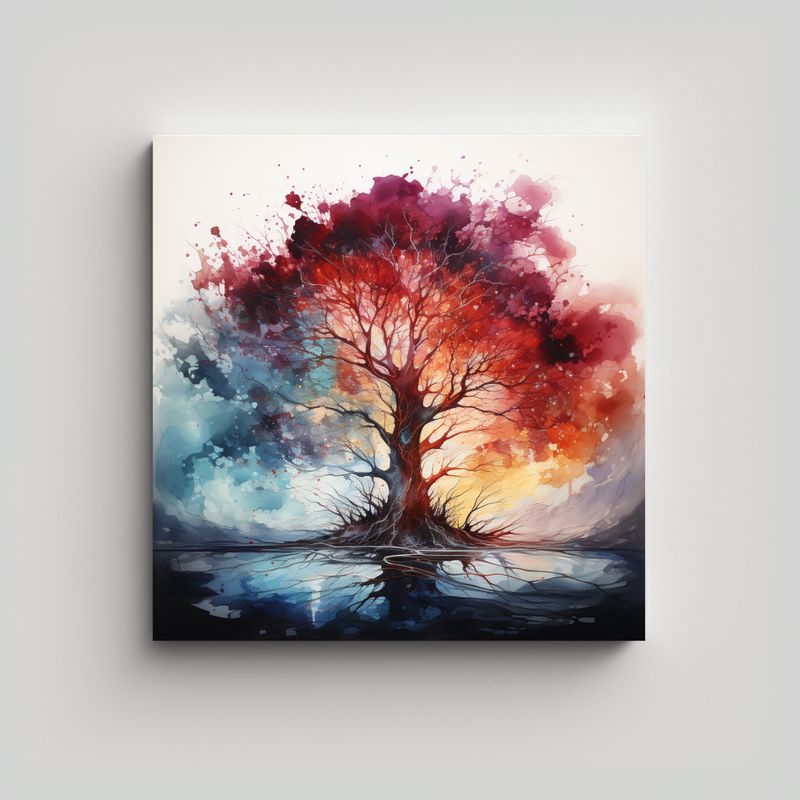 GENERICO - Cuadro Abstracto De árbol En Colores Rojo Y Azul 90x90 Cm