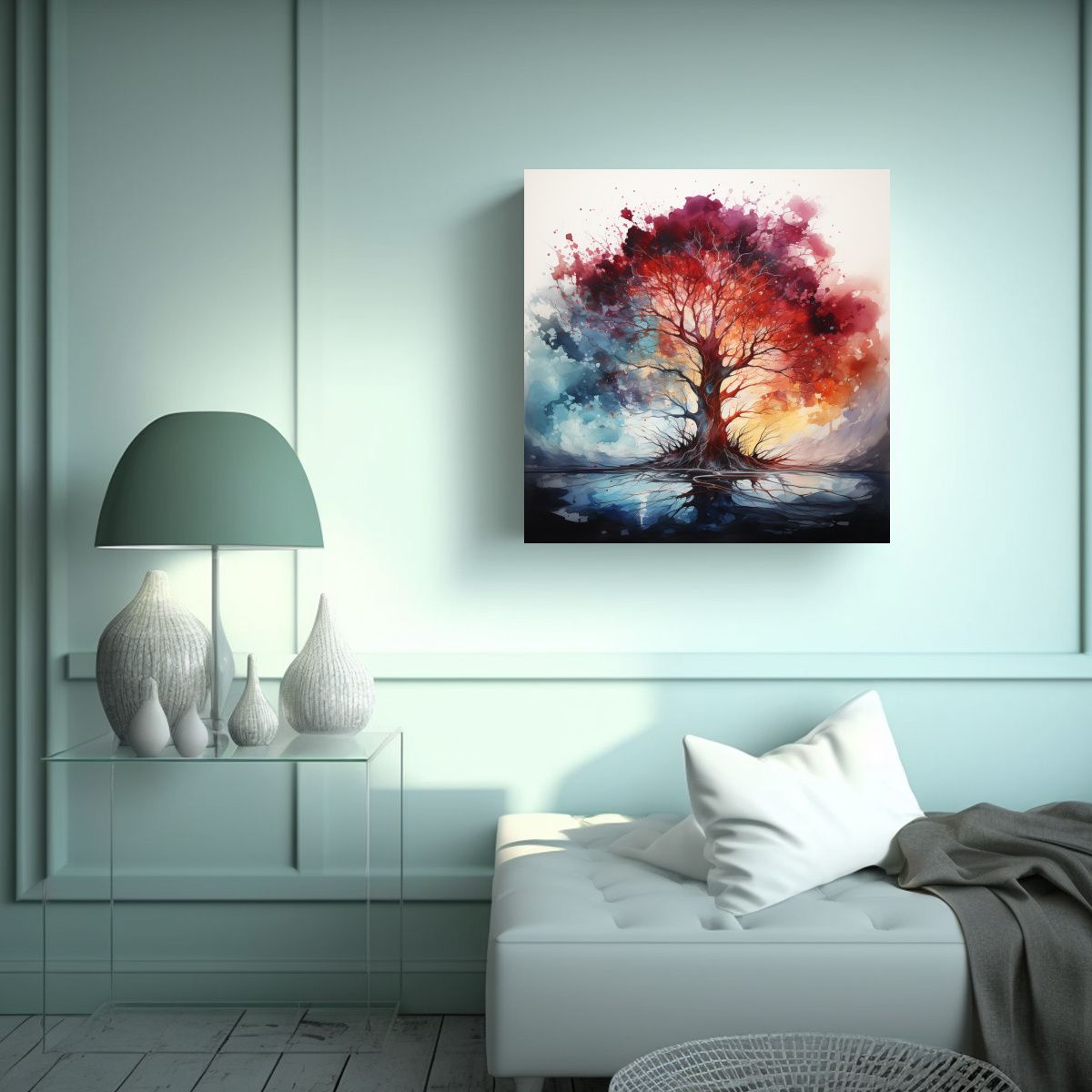 GENERICO - Cuadro Abstracto De árbol En Colores Rojo Y Azul 50x50 Cm