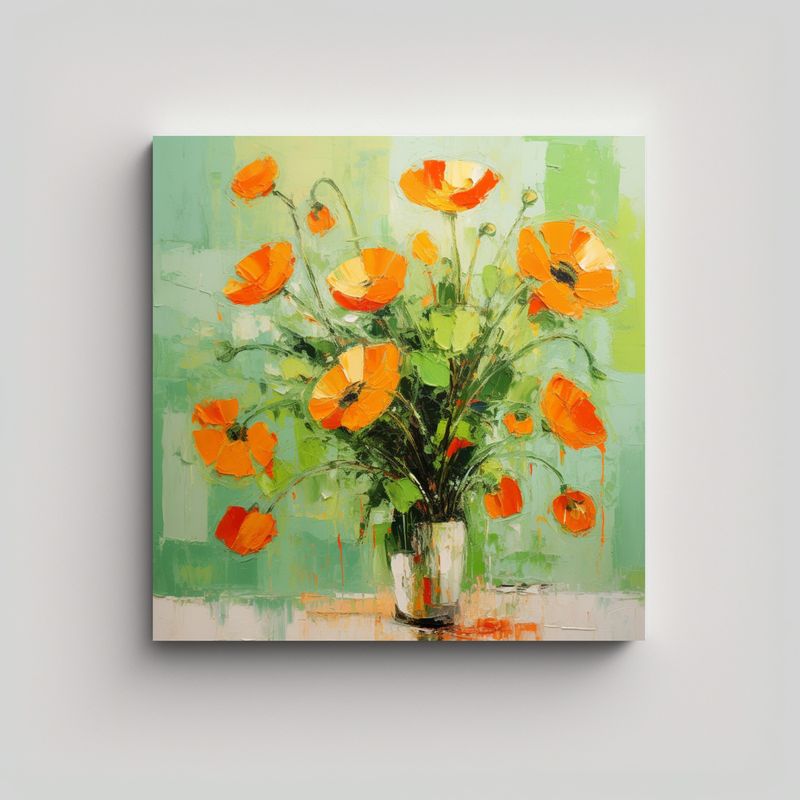 GENERICO - Pintura De Flores En Tonos Verdes Y Naranjas En 90x90 Cm