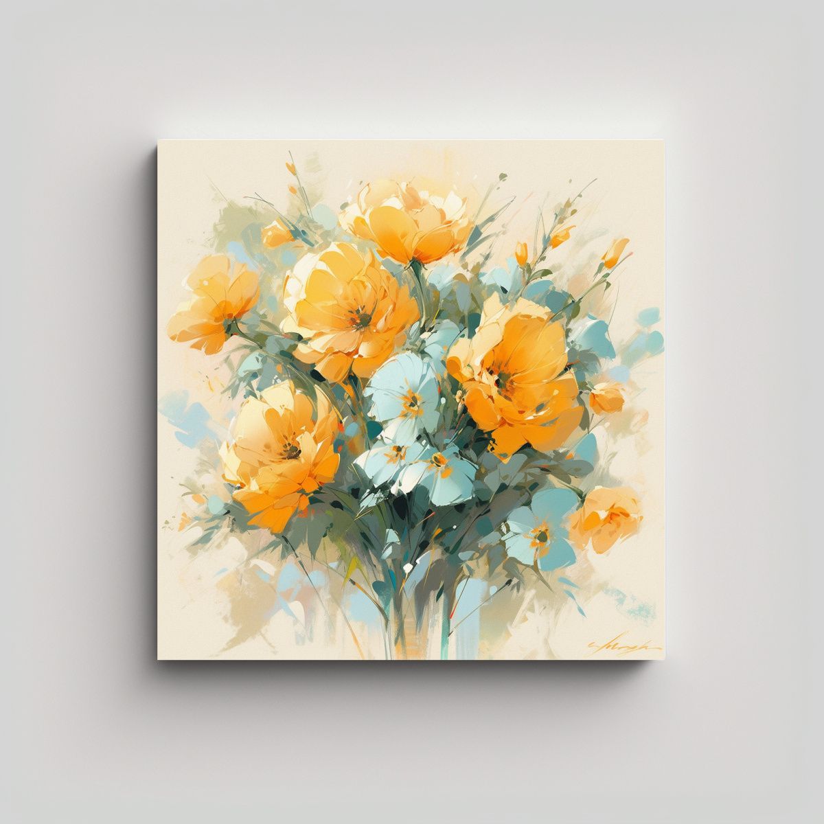 GENERICO - Pintura única De Flores Amarillo Y Cian En 90x90 Cm