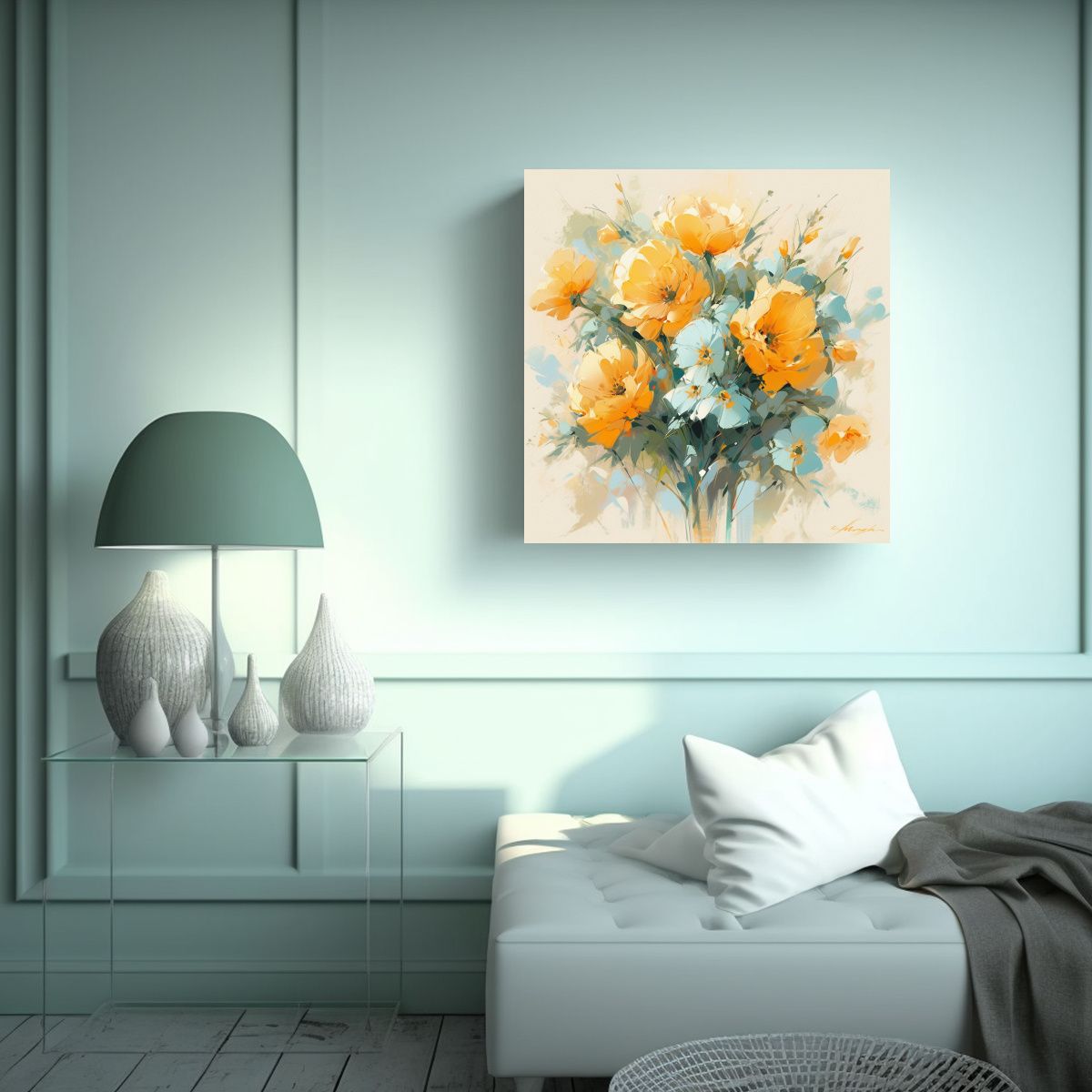 GENERICO - Pintura única De Flores Amarillo Y Cian En 90x90 Cm