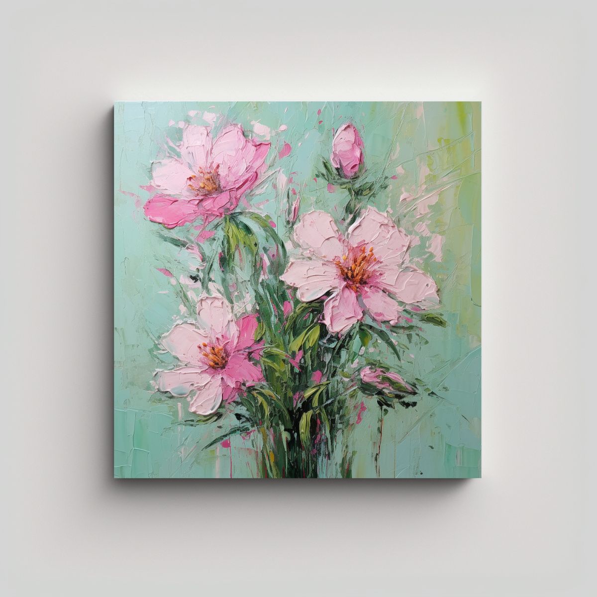 GENERICO - Pintura De Flores En Lienzo En Colores Verde Y 90x90 Cm