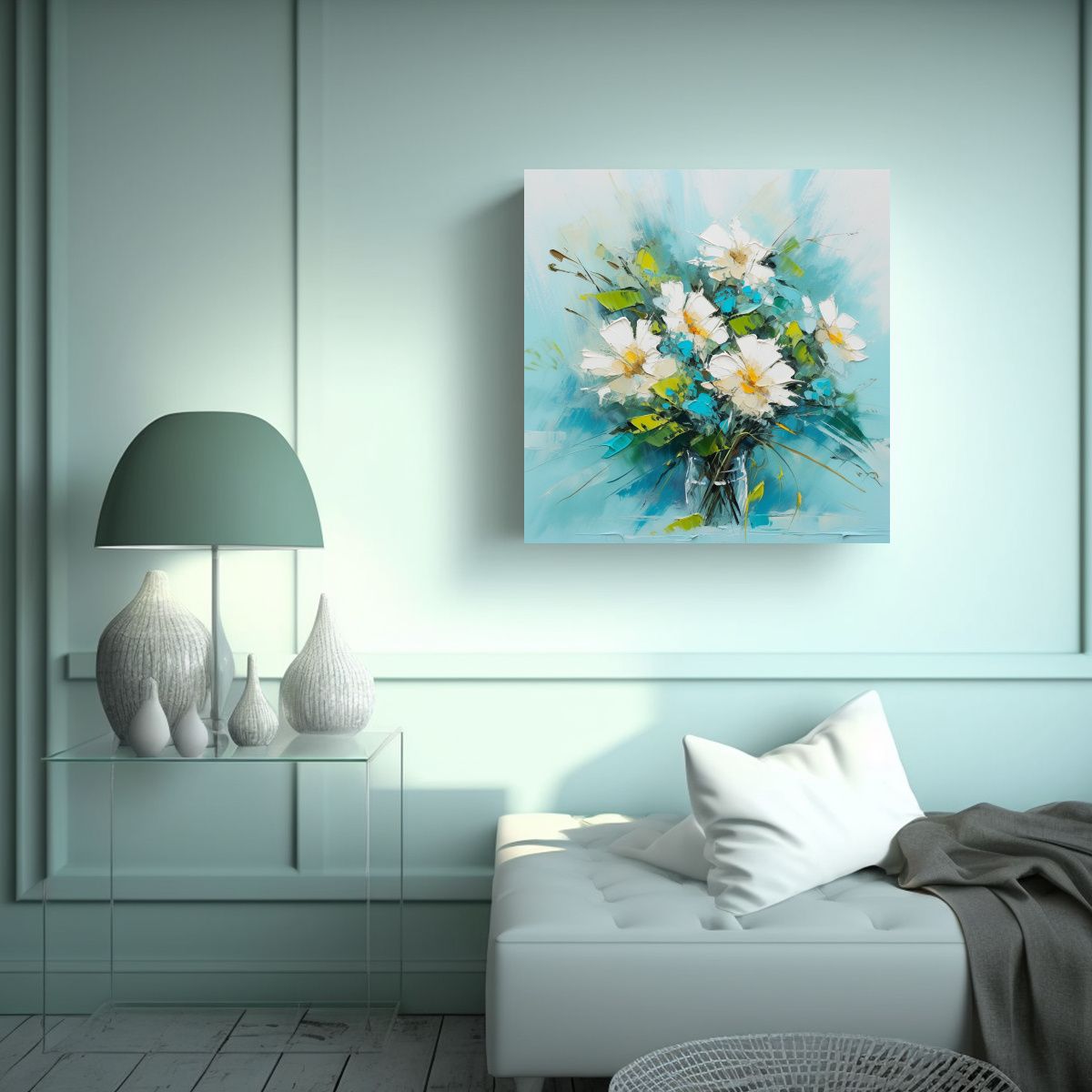 GENERICO - Cuadro Artesanal De Flores En Teal Estilo 90x90 Cm