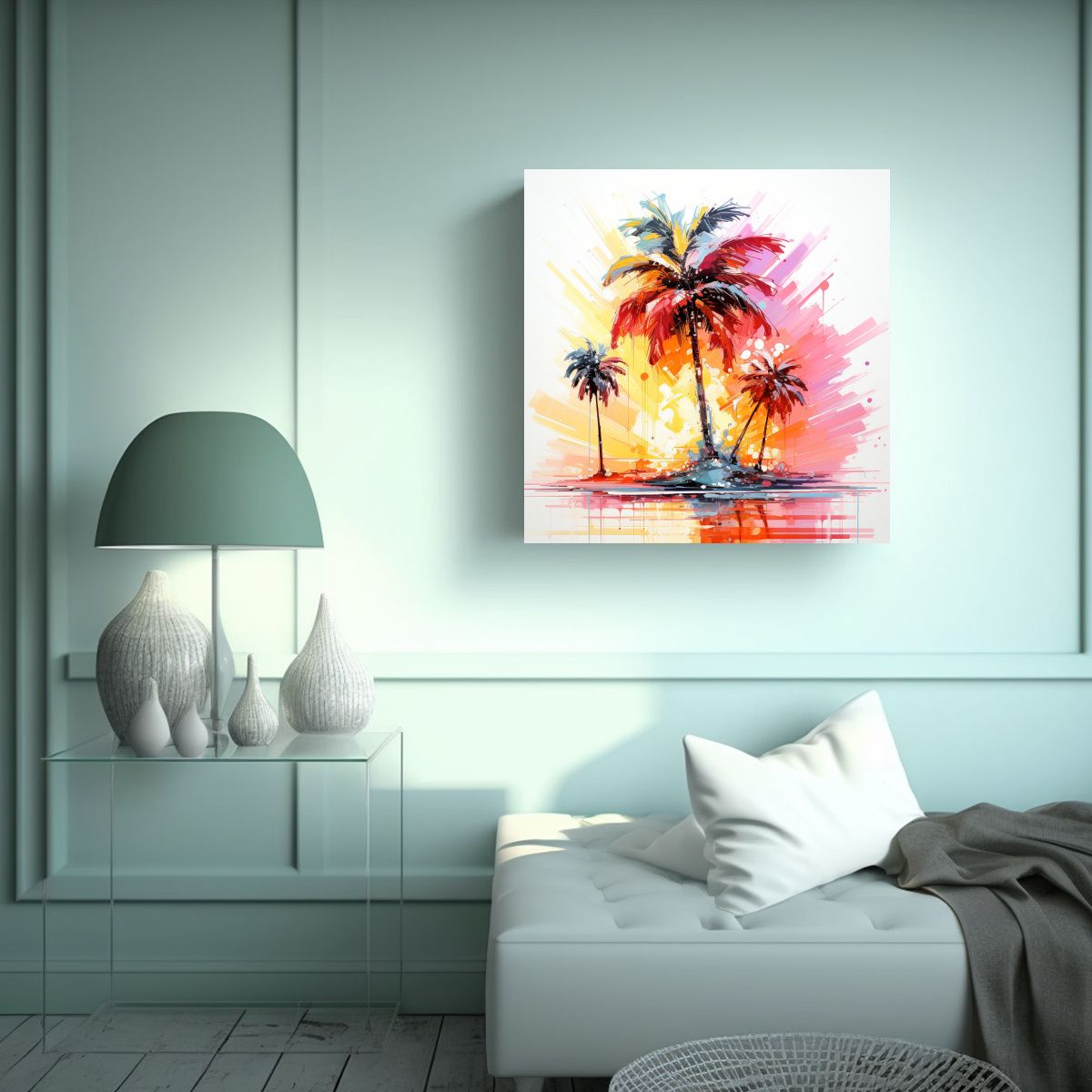 GENERICO - Pintura Abstracta De Palmera En Colores Naranja Y 70x70 Cm