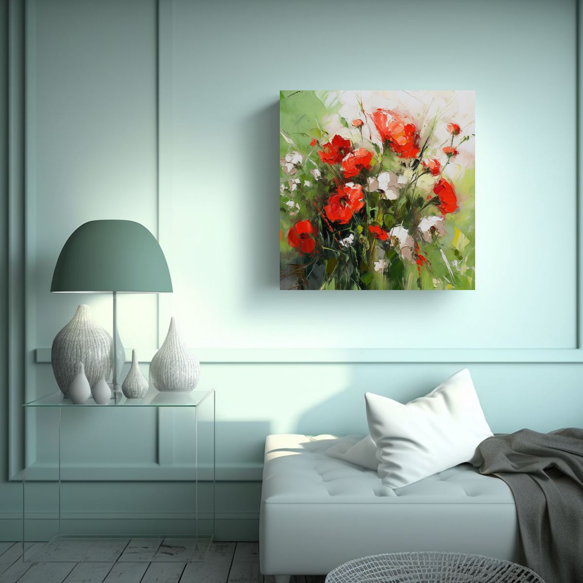 GENERICO - Arte Floral En Lienzo Con Colores Verde Y Rojo 50x50 Cm