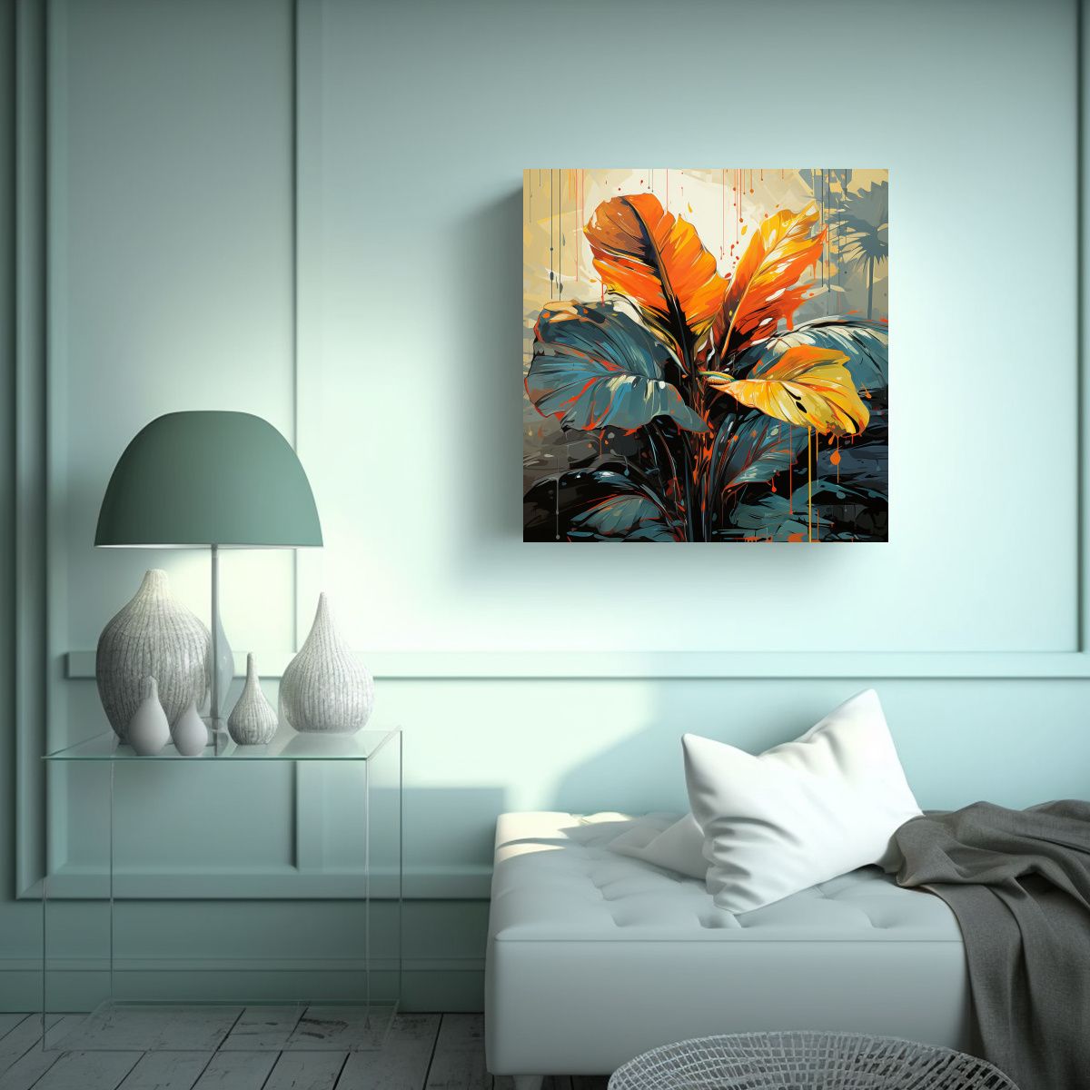 GENERICO - Pintura Decorativa De Palmas En Tonos Amarillo Y 80x80 Cm