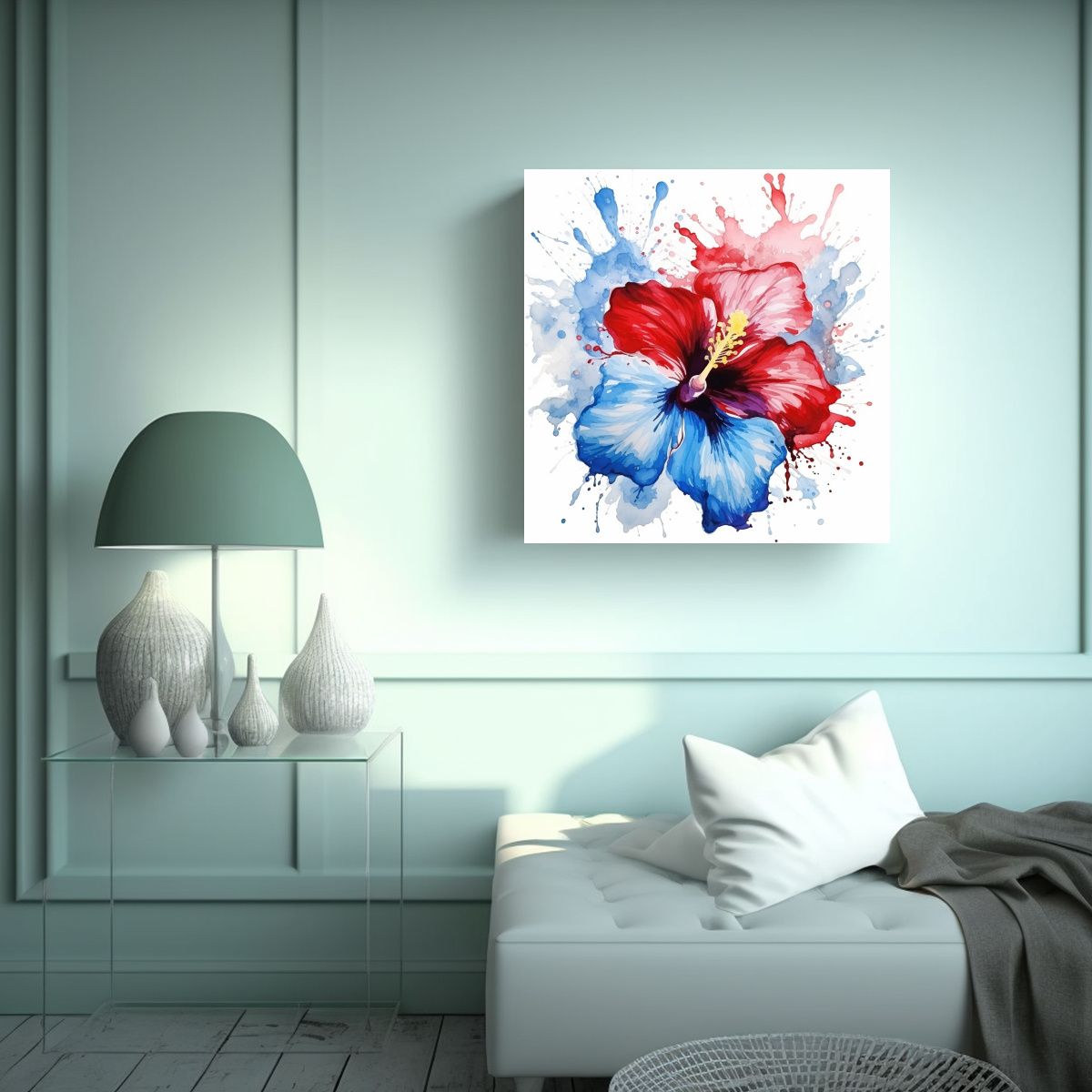 GENERICO - Cuadro Abstracto Hibiscos Rojo Y Azul Decoración 90x90 Cm