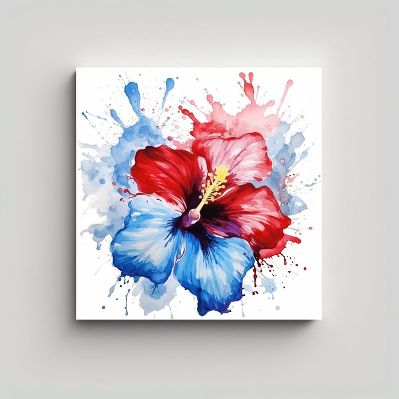 GENERICO - Cuadro Abstracto Hibiscos Rojo Y Azul Decoración 70x70 Cm