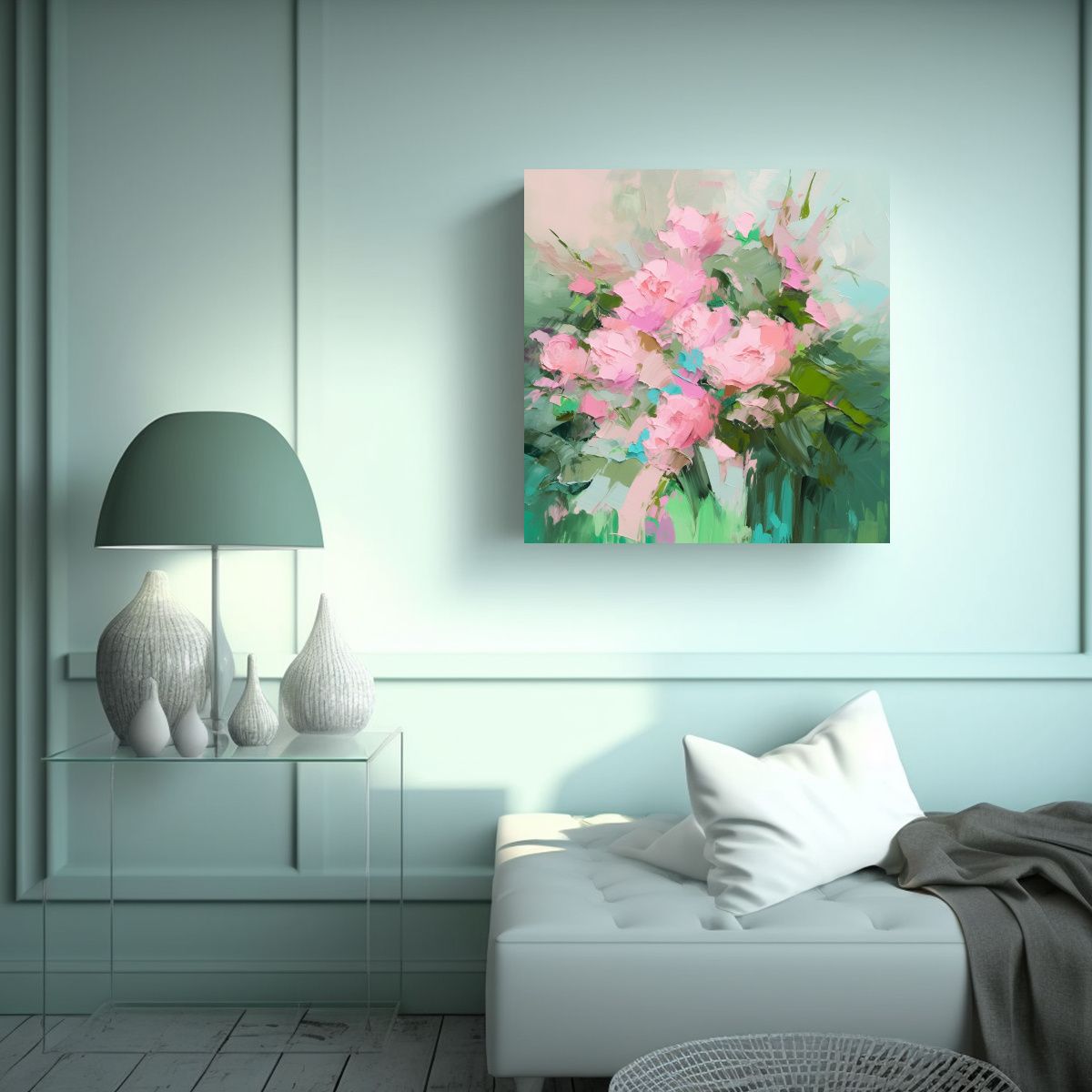 GENERICO - Cuadro Floral En Lienzo En Colores Verde Y Rosa 80x80 Cm