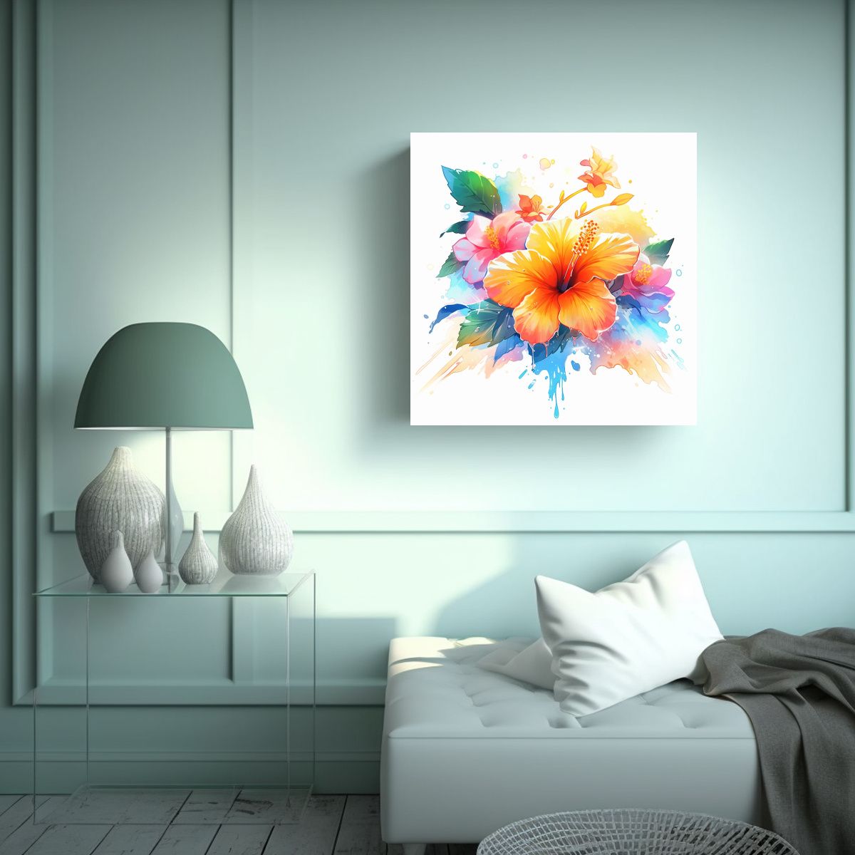 GENERICO - Pintura Abstracta De Hibisco Arcoíris En 70x70 Cm