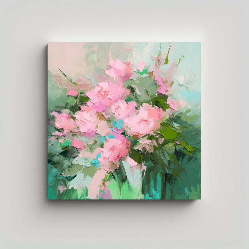 GENERICO - Cuadro Floral En Lienzo En Colores Verde Y Rosa 60x60 Cm