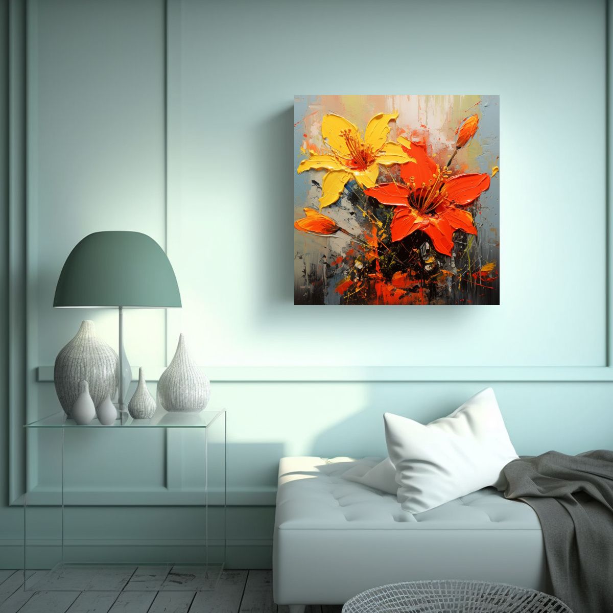 GENERICO - Cuadro Tema Impactante Amarillo Y Rojo Flores En 90x90 Cm