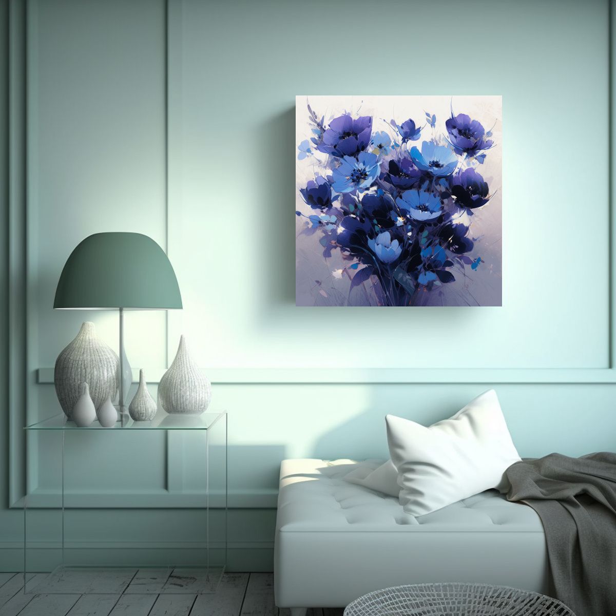 GENERICO - Pintura Floral Púrpura Y Cian En Lienzo Con 60x60 Cm