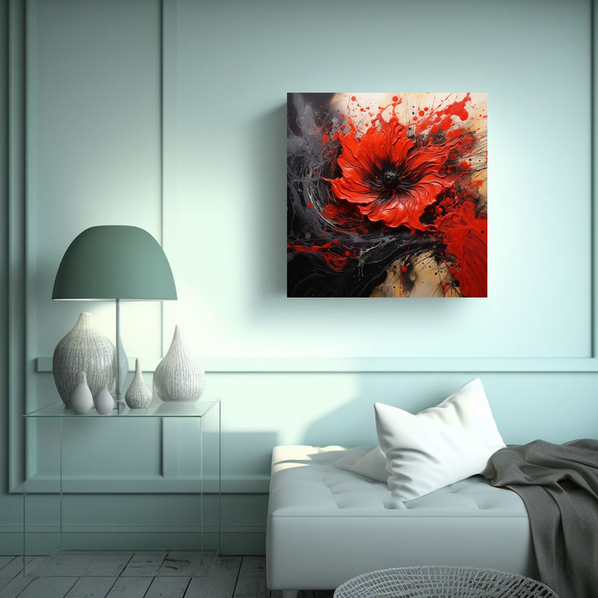 GENERICO - Cuadro Acuarela Habitación A Flores Rojas Y 50x50 Cm