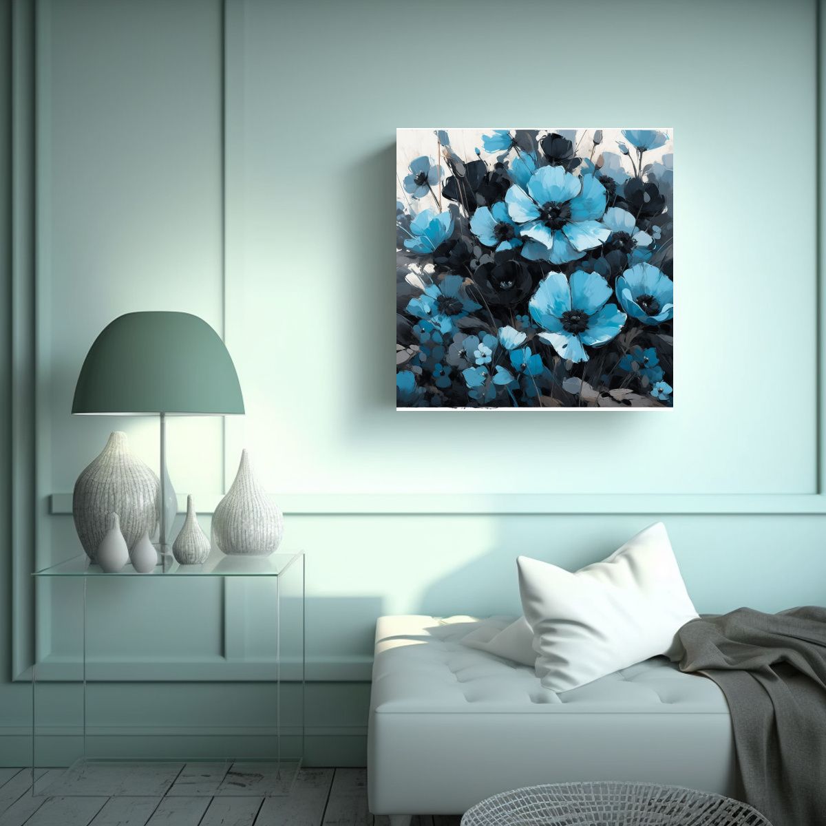 GENERICO - Pintura Clásica A Turquesa Y Negra Flores En 90x90 Cm