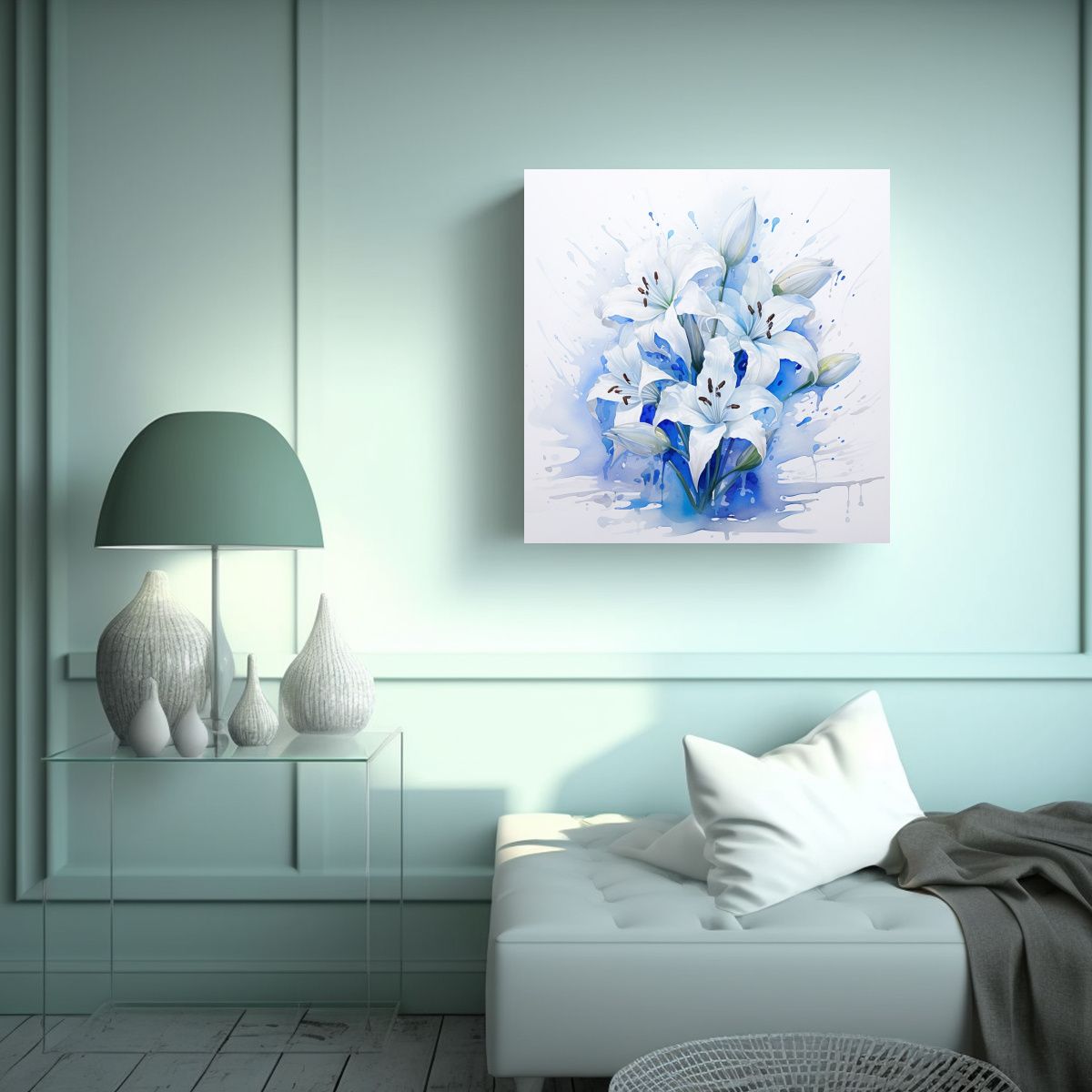 GENERICO - Cuadro Abstracto De Flores Blancas Y Azules En 90x90 Cm