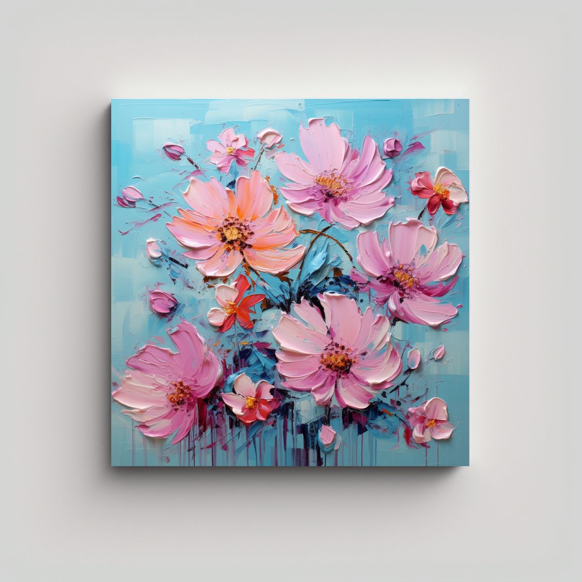 GENERICO - Pintura Floral En Lienzo En Colores Turquesa Y 90x90 Cm