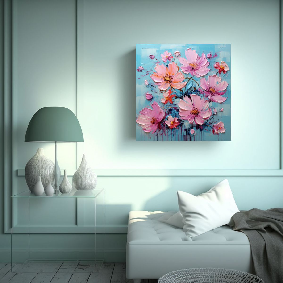 GENERICO - Pintura Floral En Lienzo En Colores Turquesa Y 90x90 Cm