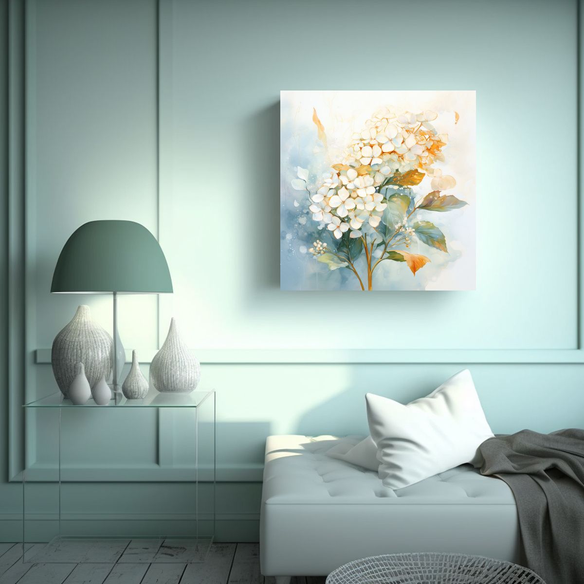 GENERICO - Tela En Bastidor Hermoso Hydrangeas Blanco Y Oro 50x50 Cm