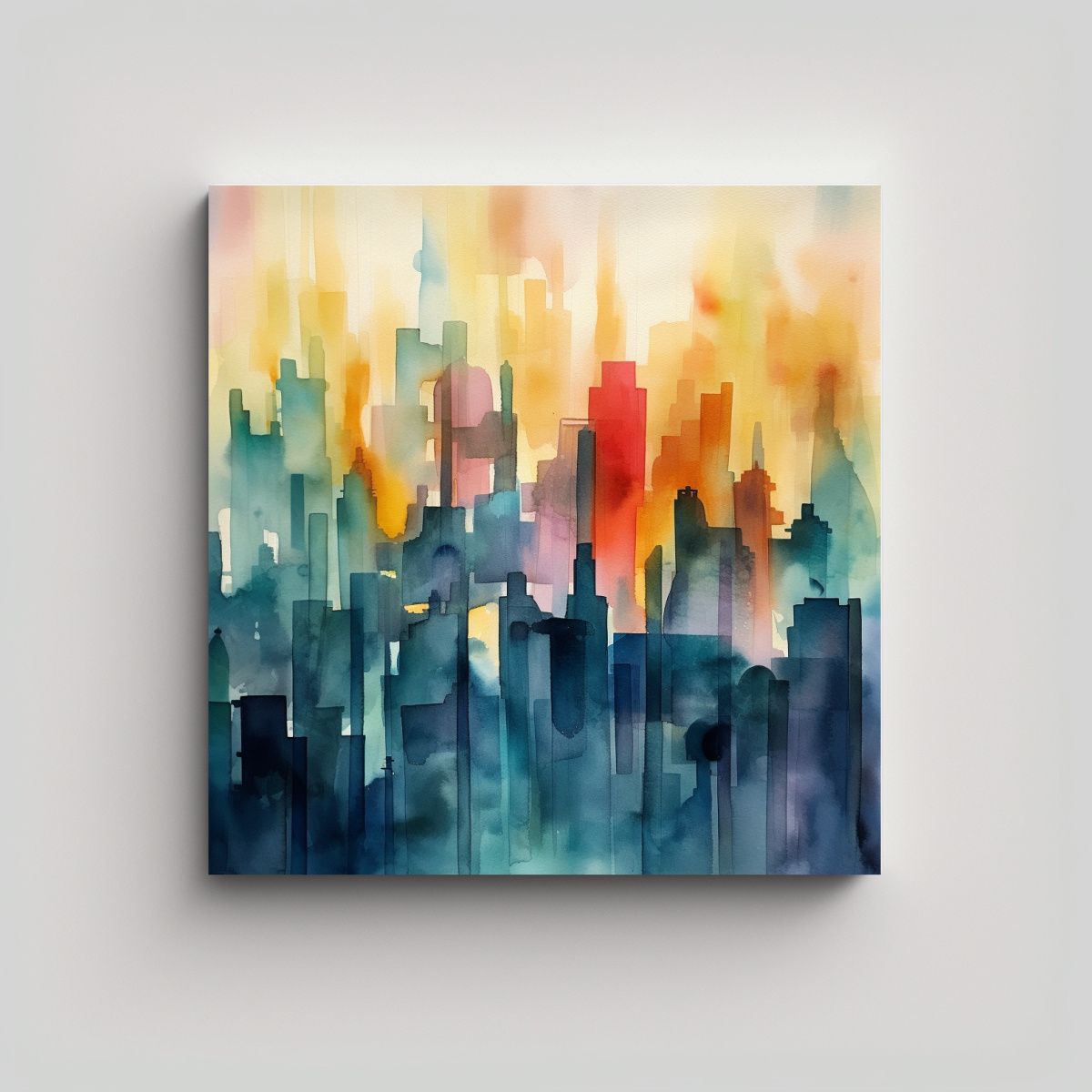 GENERICO - Cuadro Abstracto De Ciudad Pintado En Lienzo 90x90 Cm