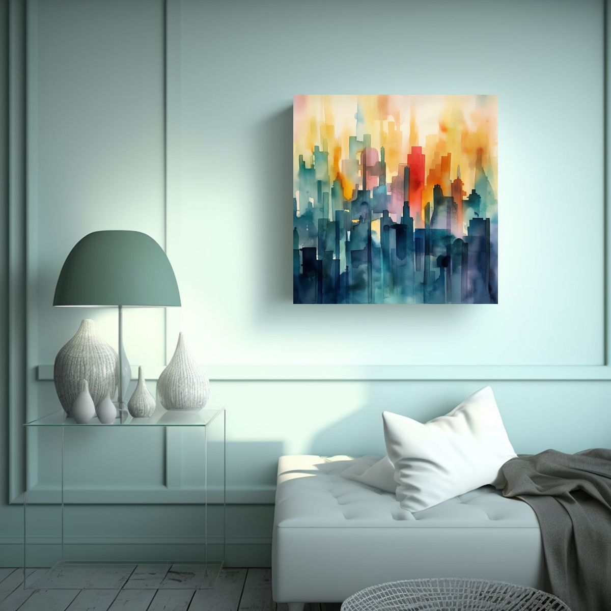 GENERICO - Cuadro Abstracto De Ciudad Pintado En Lienzo 90x90 Cm