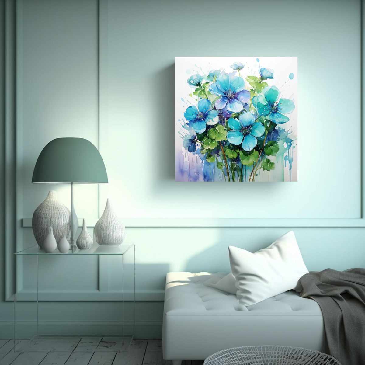 GENERICO - Cuadro Abstracto En Colores Verde Y Turquesa Con 90x90 Cm